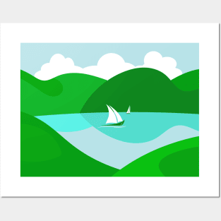 Hills Lake Sailing Boats Summer Day Landscape Posters and Art